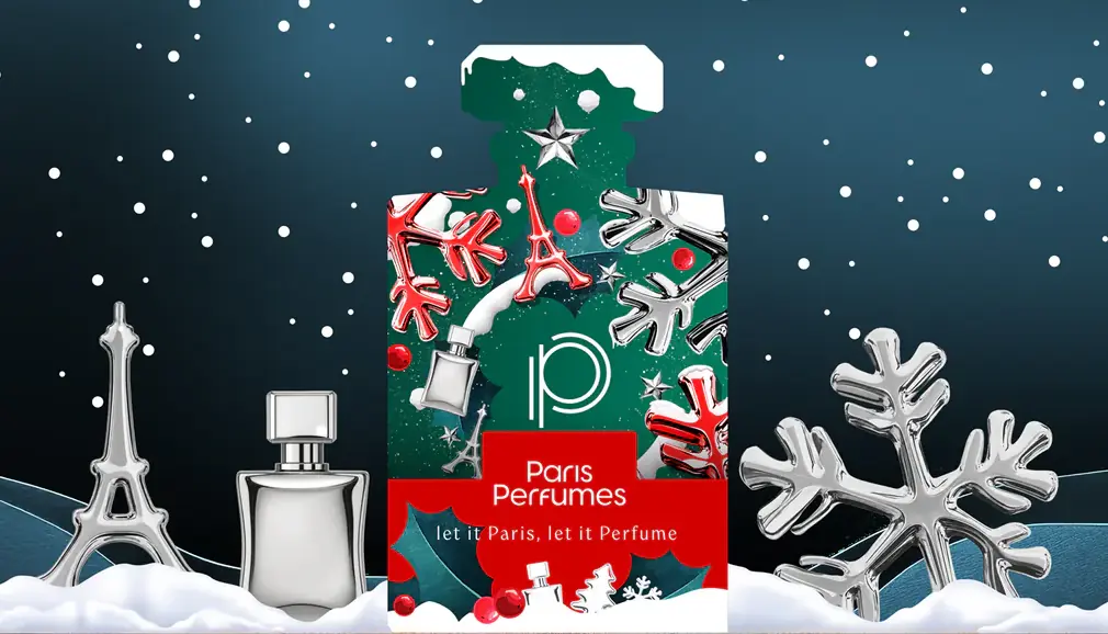 Cutia verde a calendarului Paris Perfumes 2026 în formă de flacon, cu fulgi de nea roșii și inscripția let it Paris, let it Perfume
