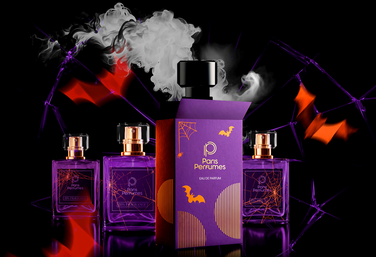 Trei flacoane mov Paris Perfumes și o cutie de Halloween printre fum, lilieci și pânze de păianjen