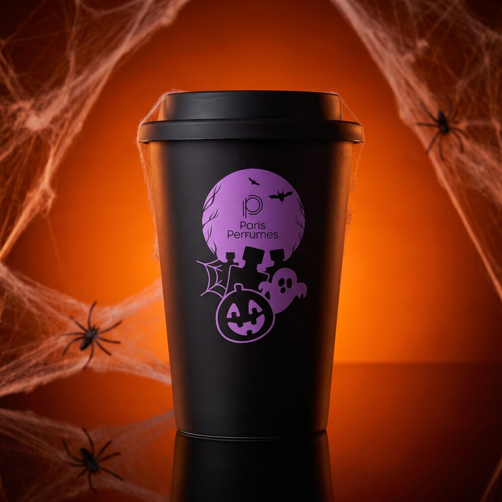 Cană termică neagră Hokus Paris Halloween Edition pe fundal portocaliu cu pânză de păianjen