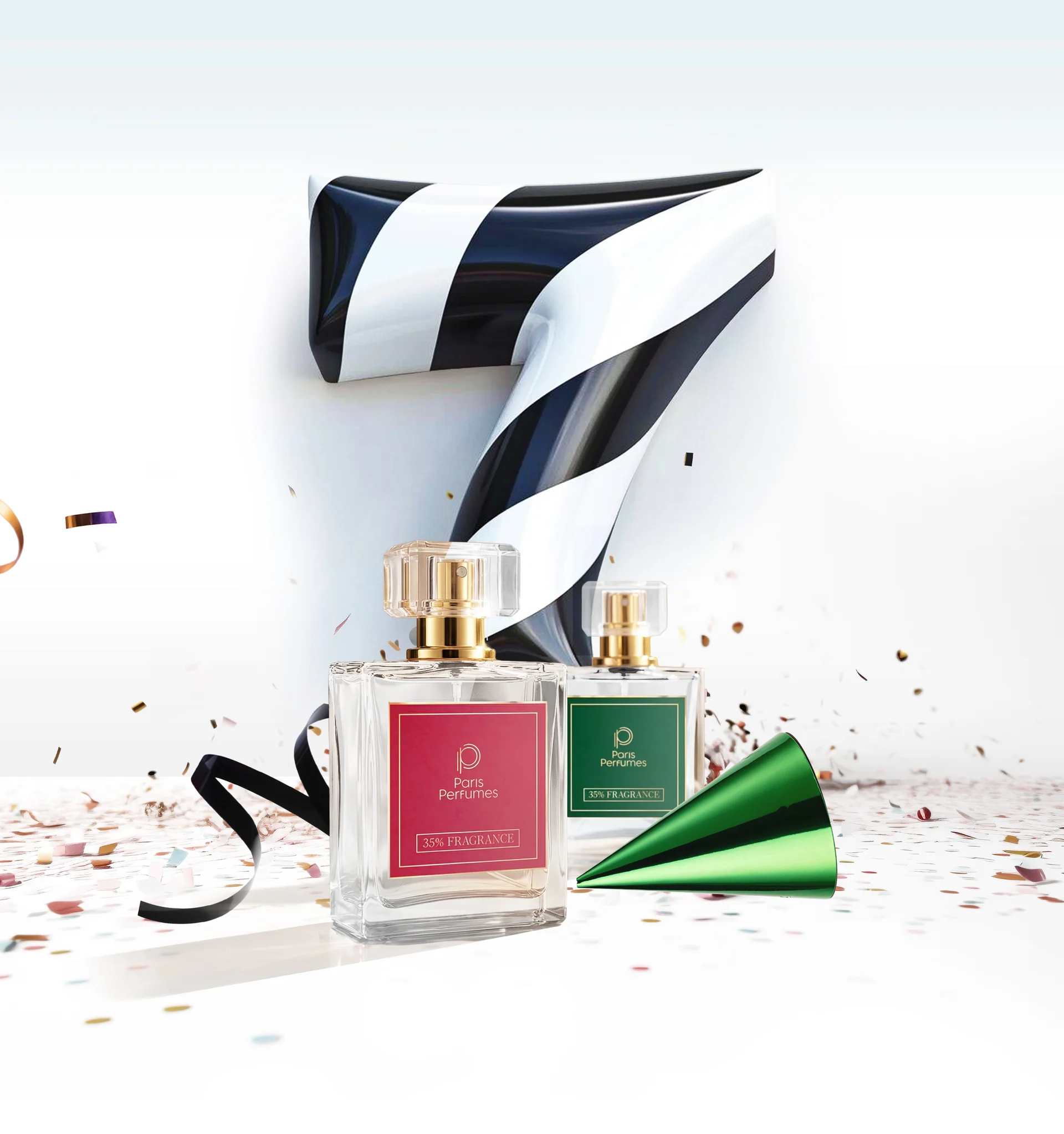 Compoziție aniversară cu cifra 7 și flacoane Paris Perfumes