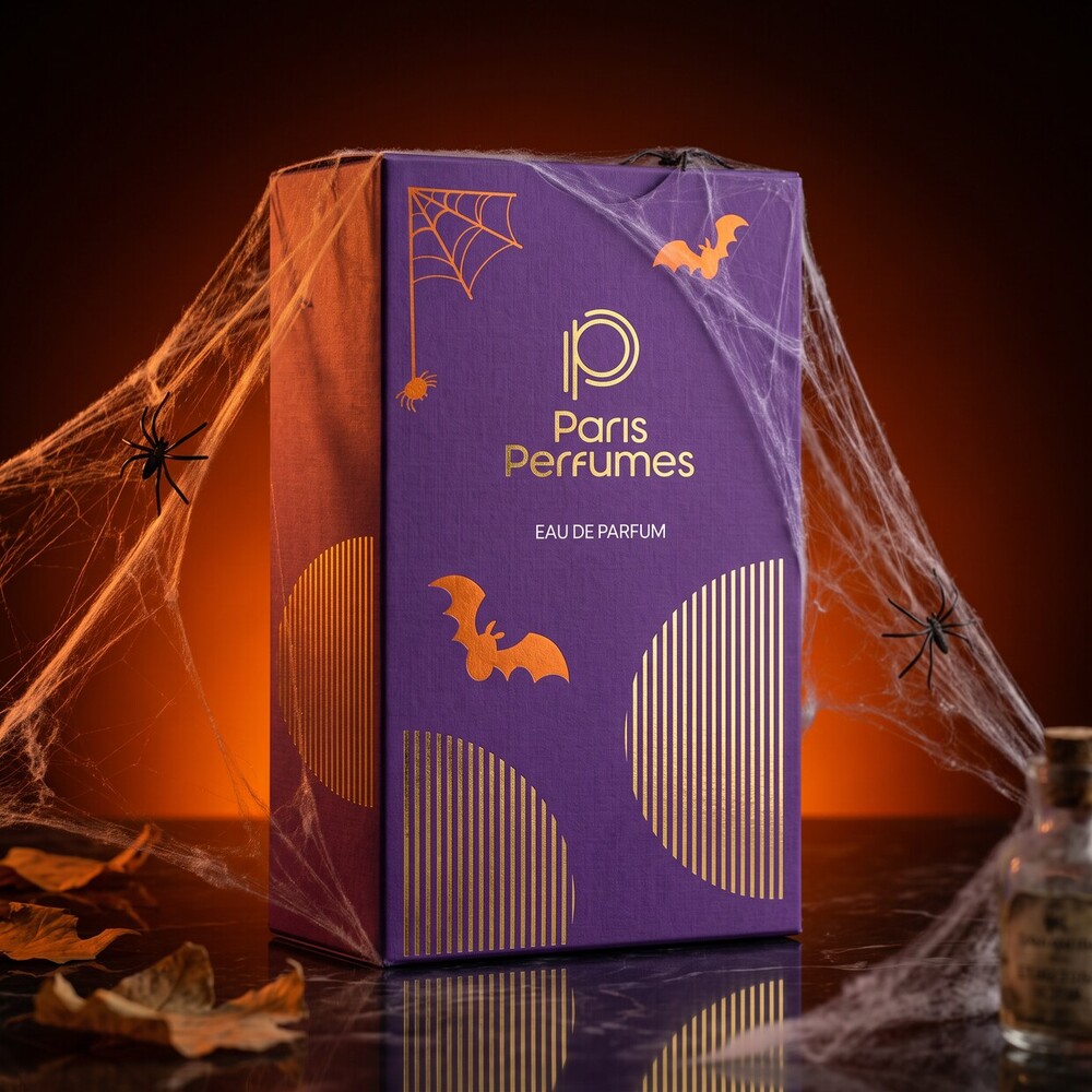 Cutie BLIND BOX Paris Perfumes mov cu portocaliu într-un decor de Halloween