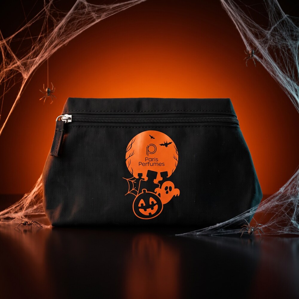Mini trusă cosmetică neagră Spell Pouch cu dovleac Paris Perfumes pe fundal cu pânză de păianjen